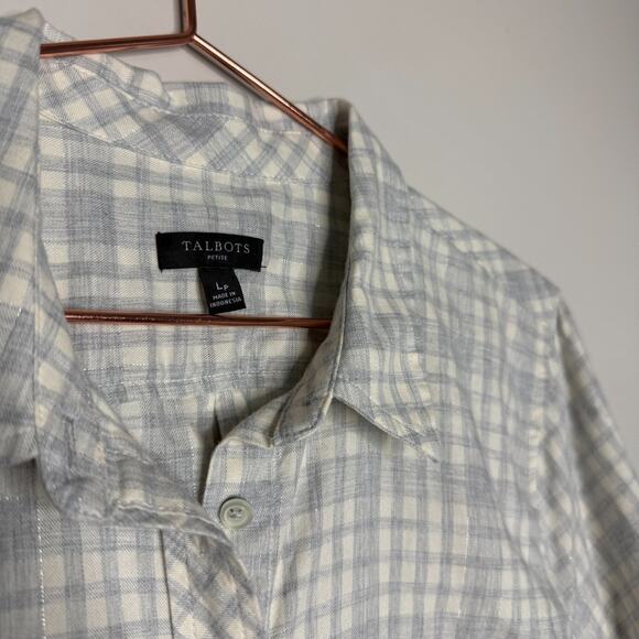Talbots Shirt Womens PL Large Petite Gray White Plaid Long Sleeve Button Up Top - Picture 4 of 6